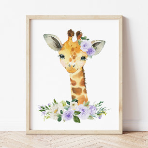 Poster Giraffe, Safari, Fleurs violettes, Neutre Genre
