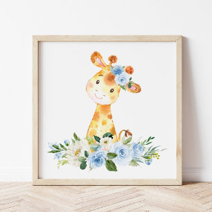 Poster Giraffe, Safari, Jungle, Fleurs Bleues, Petite Pép