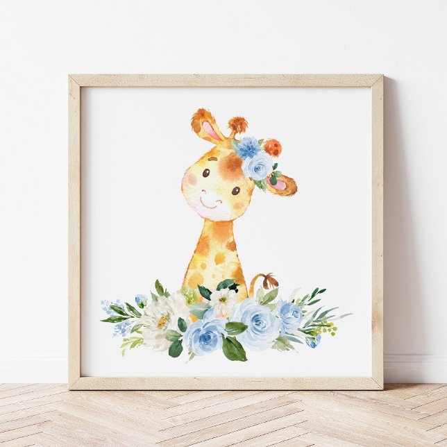 Poster Giraffe, Safari, Jungle, Fleurs Bleues, Petite Pép (Créateur téléchargé)