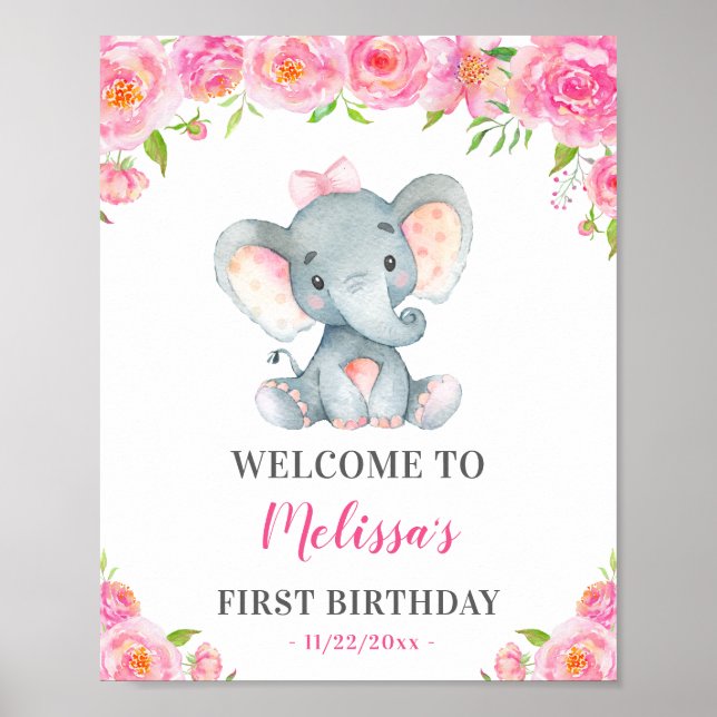 Poster Girl Elephant 1er 2e fête d'anniversaire Bienvenue (Devant)