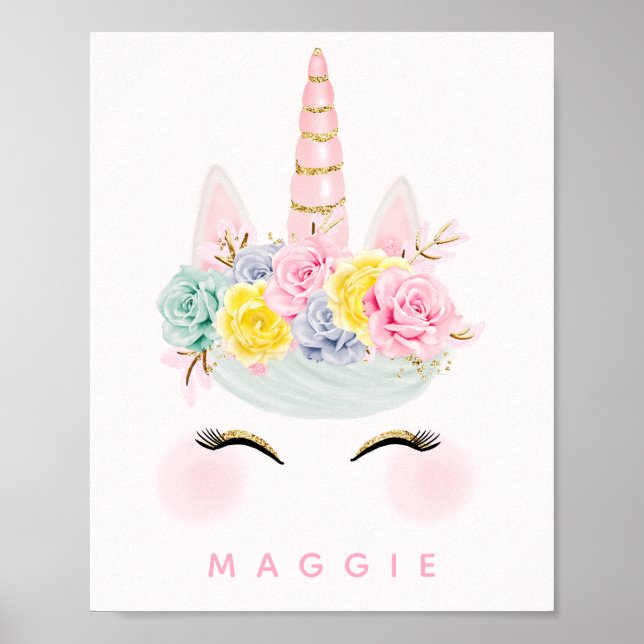 Poster Girl Floral Unicorn rose or personnalisé (Devant)