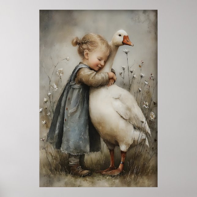 Poster Girl Hugs Goose Love Printable, Rustic Cottagecore (Devant)