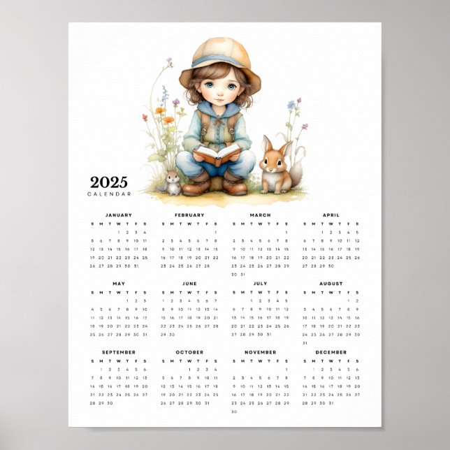 Poster Girl in Flower Garden Books Rabbits 2025 Calendrie (Devant)