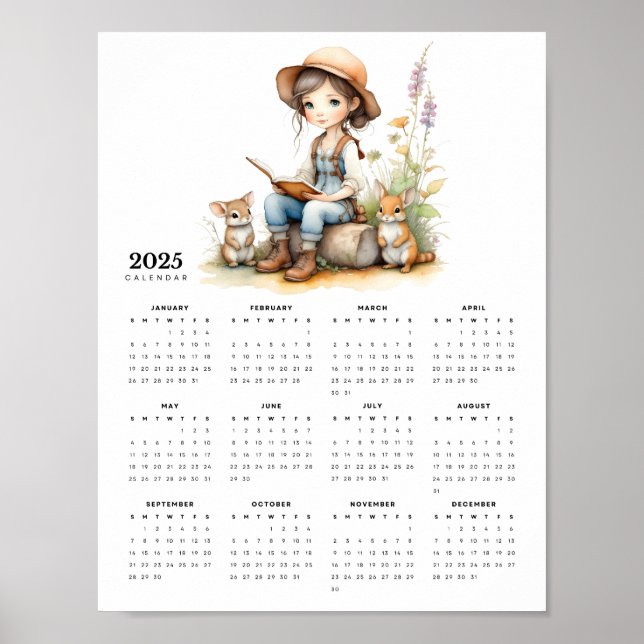 Poster Girl in Flower Garden Lit lapins 2025 Calendrier (Devant)