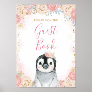Poster Girl Penguin Winter Snowflake Livre d'invité