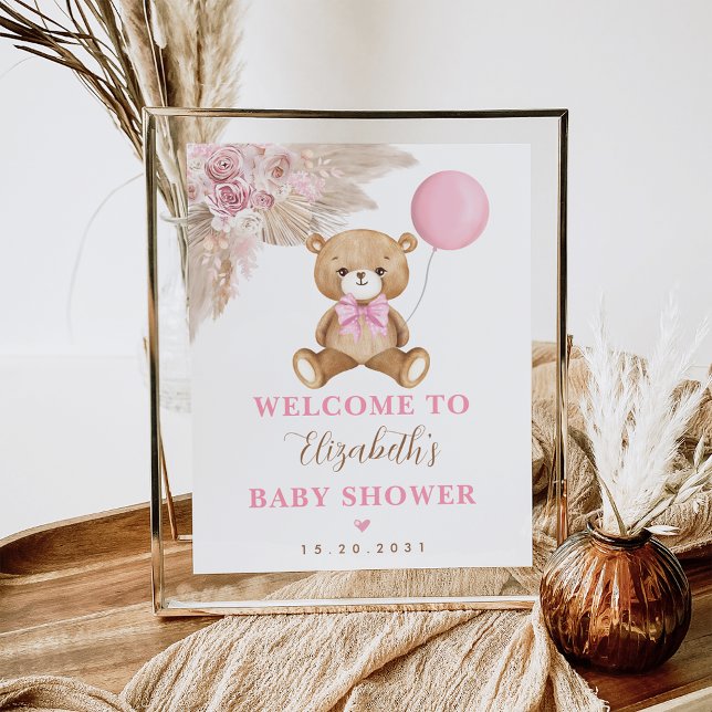 Poster Girl Teddy Bear Boho rose floral Pampas Bienvenue (Créateur téléchargé)