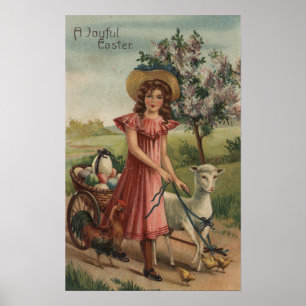 Poster Girl Walking Lamb, Chick, and Rooster