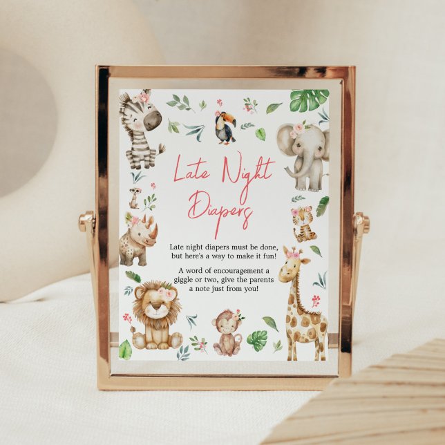 Poster Girl Wild One Safari Late Night Diapers (Floral Wild One Safari Animals Baby Shower Late Night Diapers Sign)