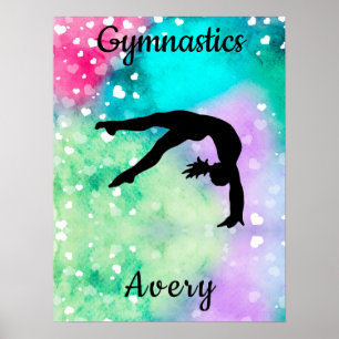 Poster Girls Gymnastics Watercolor with Floating Hearts  