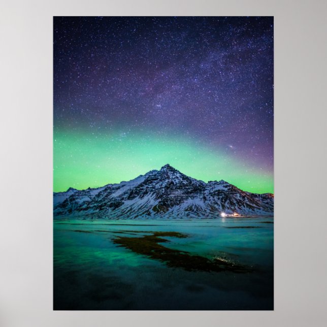 Poster Glace et neige | Aurora Borealis Voie Lactée Islan (Devant)