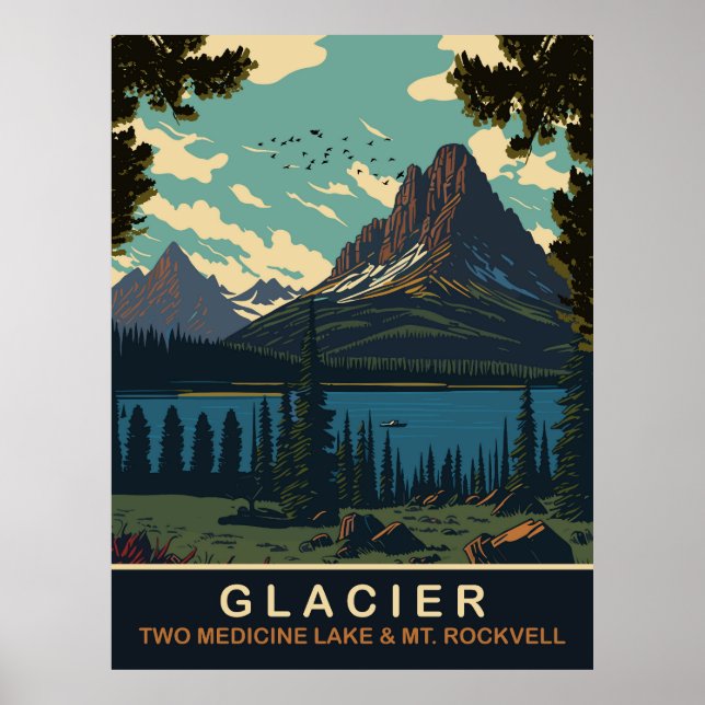 Poster Glacier, Two Medicine Lake et Mt. Rockwell (Devant)