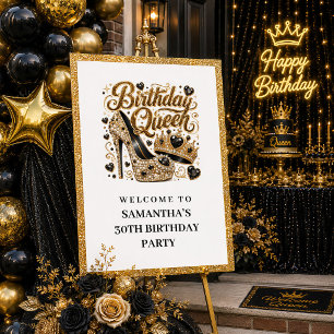 Poster Glam Black Gold Confettis Anniversaire Reine Bienv