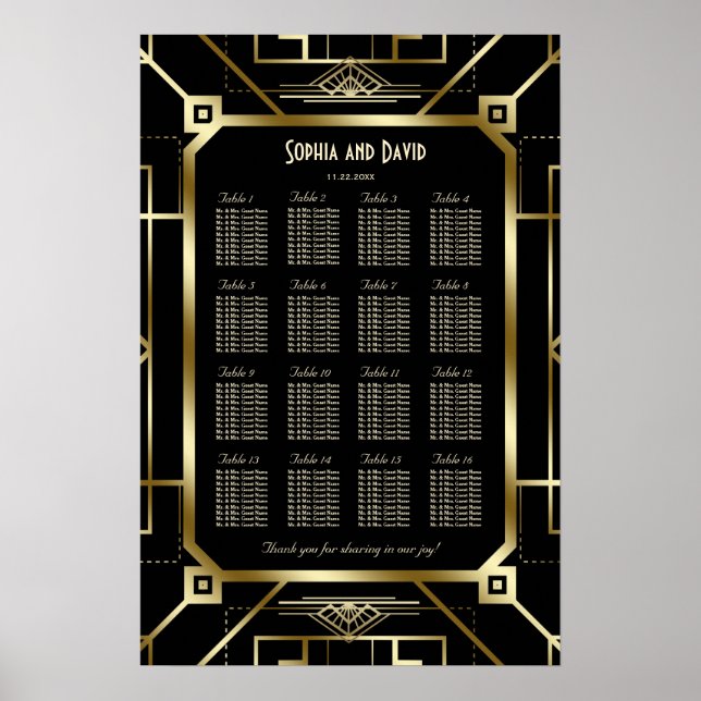 Poster Glam Black Gold Great Gatsby 20s Seating Chart (Devant)