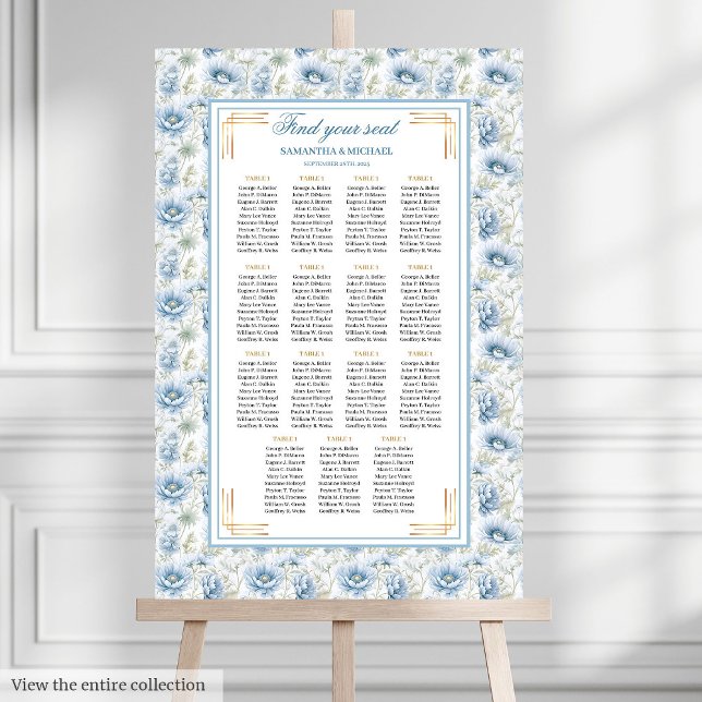 Poster Glam Dusty Blue Gold Aquarelle Mariage Siège (Glam Dusty Blue Gold Watercolor Wedding Seating Chart)