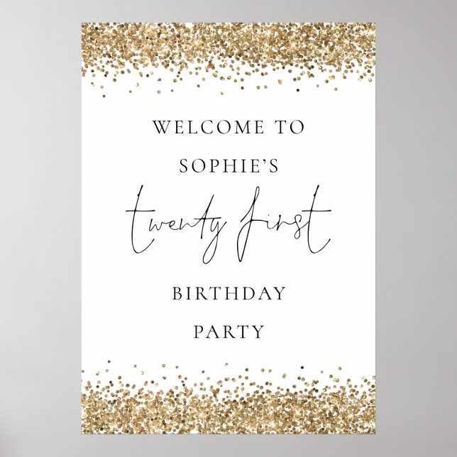 Poster Glam Gold Parties scintillant Bienvenue 21e annive (Devant)
