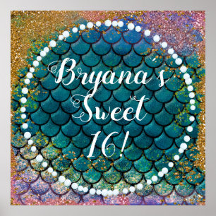 Poster Glam Mermaid Balances de poisson Turquoise violet 