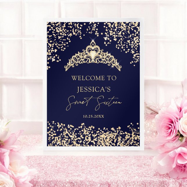 Poster Glam or bleu princesse tiara Sweet 16 Bienvenue (Glam gold blue princess tiara Sweet 16 Welcome Poster)