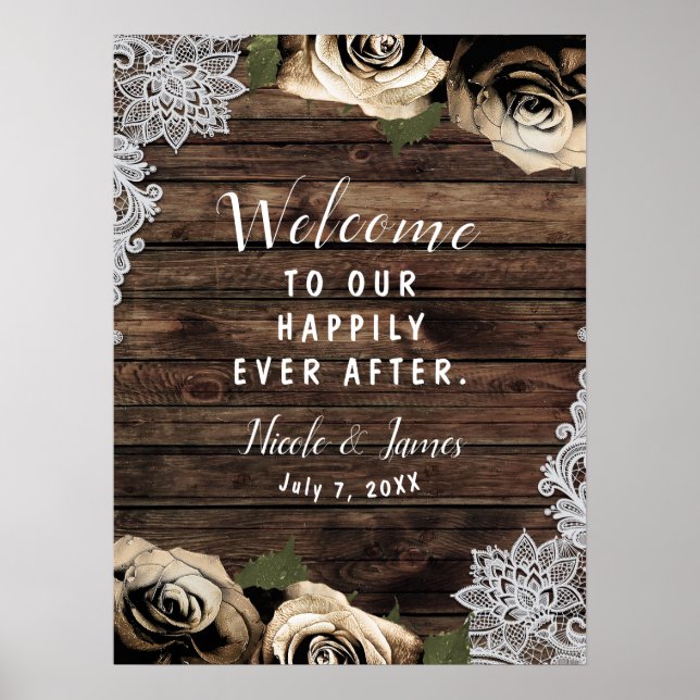 Poster Glam or Floral Rose Rustique Mariage de dentelle e (Devant)