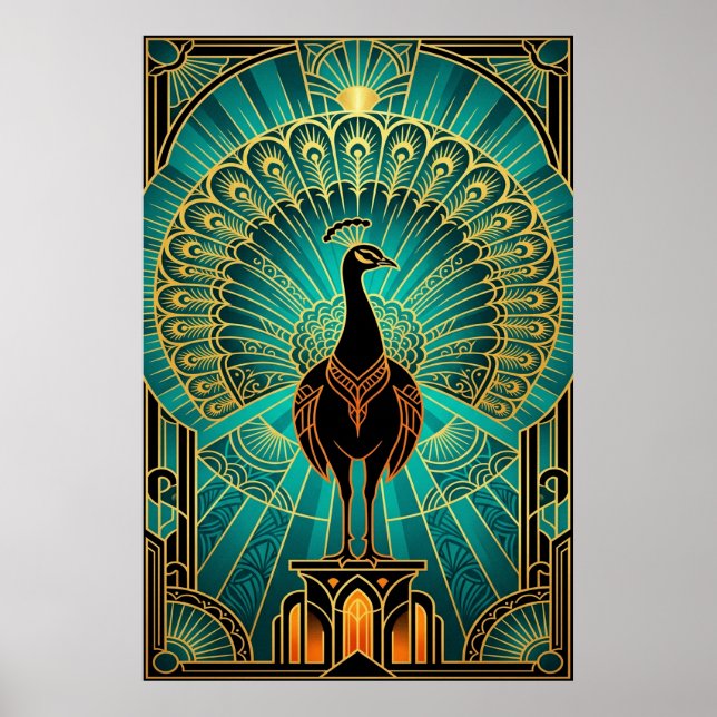 Poster Glamorous Art Deco Peacock Teal & Gold (Devant)
