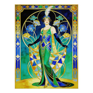 Poster Glamorous Art Deco Siren in Blue and Green Poster.