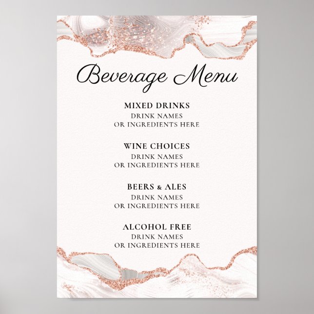 Poster Glittery Rose Gold White Agate Beverage Menu A4 (Devant)