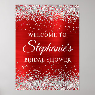 Poster Glittery Silver Red Foil Bridal Shower Welcome