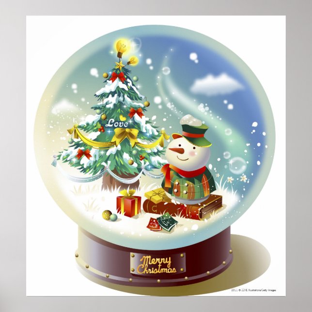 Poster Globe de neige avec bonhomme de neige et arbre de  (Devant)