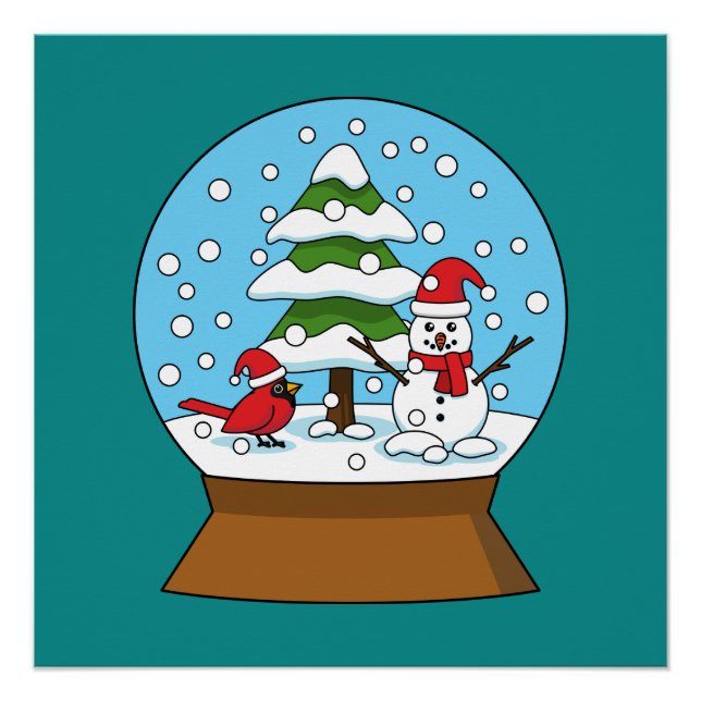 Poster Globe de neige avec le cardinal Snowman et Pine Tr (Devant)