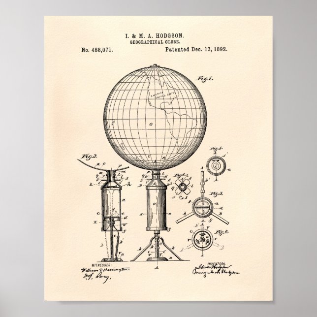 Poster Globe géographique 1892 Art breveté Vieux poivre (Devant)