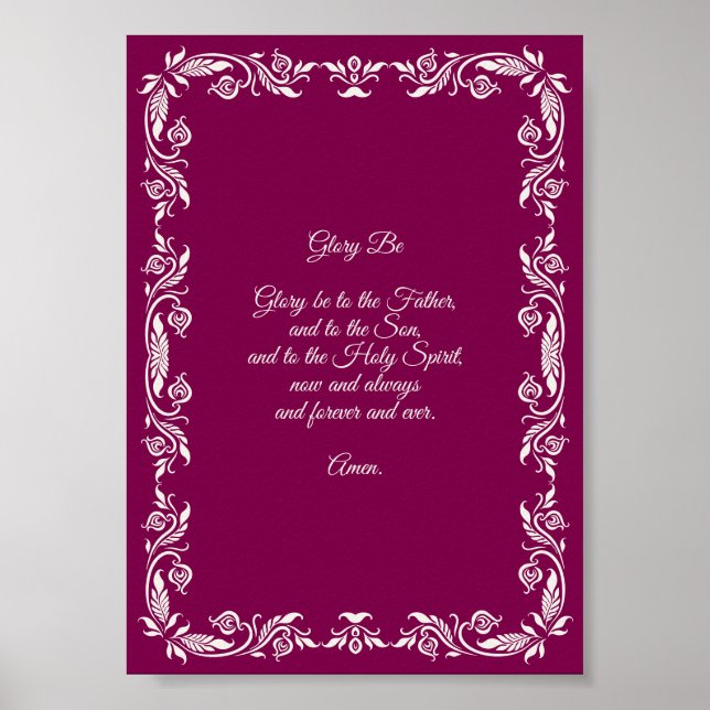 Poster Glory Be Prayer Ivory White Botanicals on Burgundy (Devant)