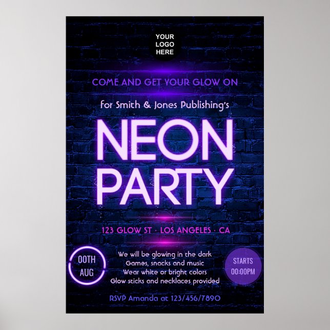 Poster Glow in the Dark Neon Invitation de la fête de l'e (Devant)