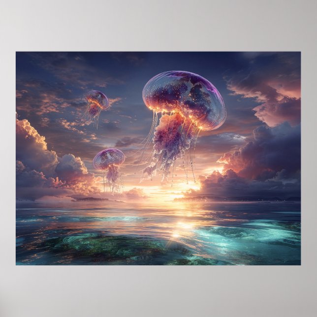 Poster Glowing Jellyfish in Sunset Skies (Devant)