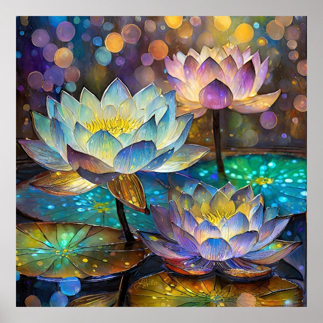 Poster Glowing Lotus Flowers Trio (Devant)