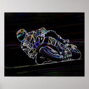 Poster Glowing Motorcycle Rider Circle Racing Sketch