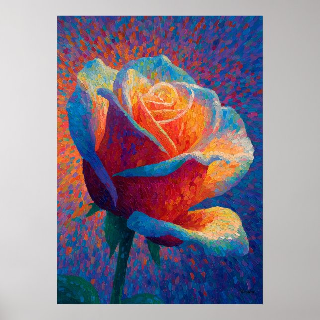 Poster Glowing Rose Pointillism Flower Art (Devant)