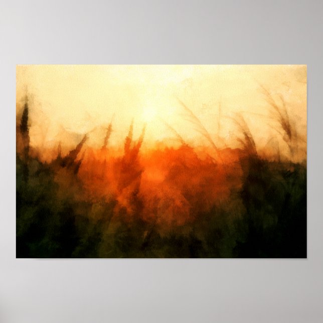 Poster Glowing wheat field in orange sunset Landscape (Devant)