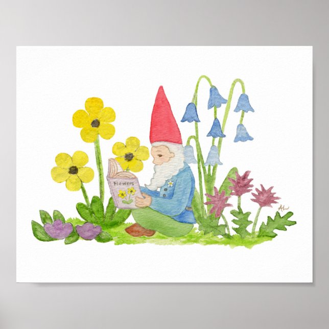 Poster Gnome avec imprimé d'art de livre à fleurs (Devant)