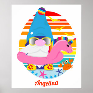 Poster Gnome Plage Cute Avec Unicorn Inflatable