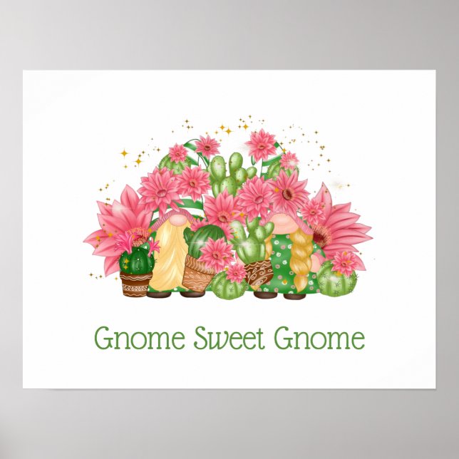 Poster Gnomes floraux vert rose Gnome Gnome Sweet Gnome (Devant)