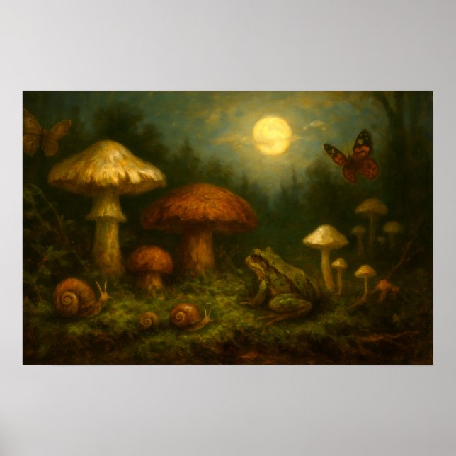 Poster Goblincore Mushrooms, Snails & Frog In Moonlight (Devant)
