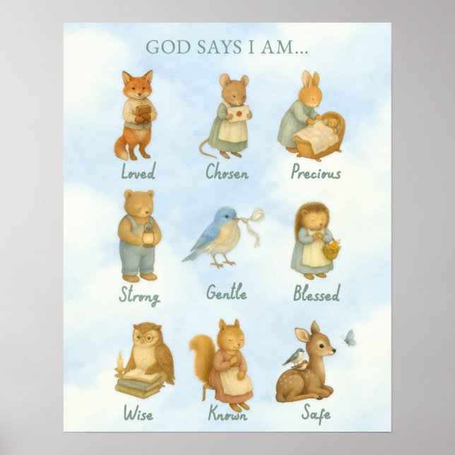 Poster God Says I Am – Scripture Declaration Nursery Wal  (Devant)