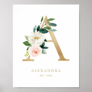 Poster Goil Foil Nursery Monogramme Peach Florals Lettre
