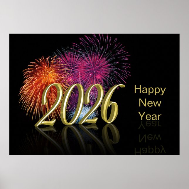 Poster Gold 2026 Fireworks Happy New Year (Devant)