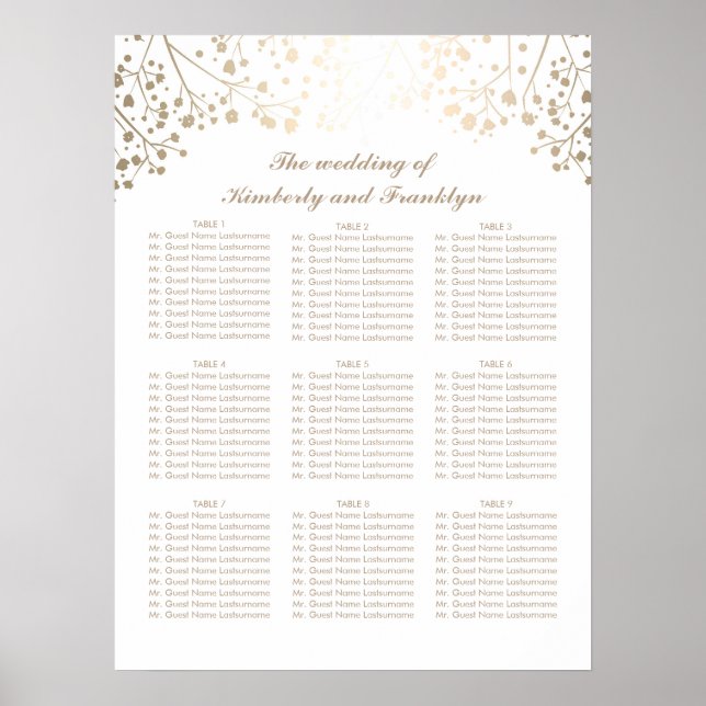 Poster Gold Baby's Breath White Mariage Seating Chart (Devant)