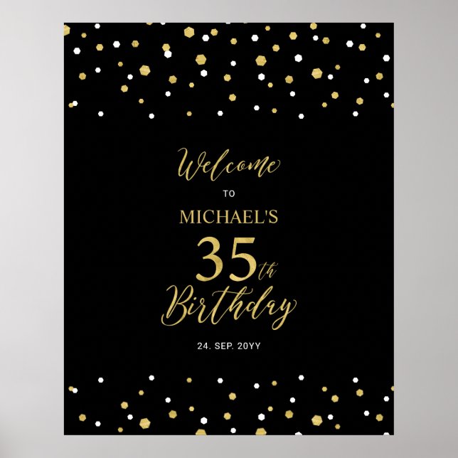Poster Gold & Black Confetti 35e anniversaire fête Bienve (Devant)