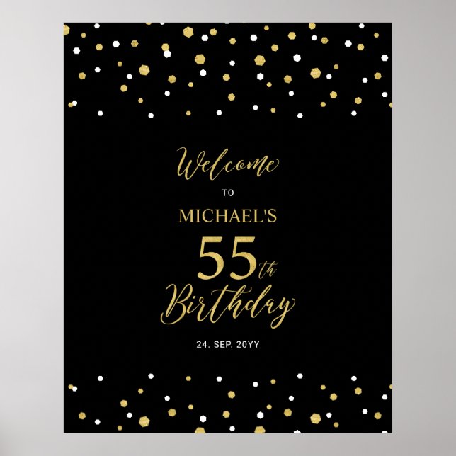 Poster Gold & Black Confetti 55e anniversaire fête Bienve (Devant)