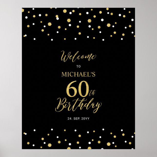 Poster Gold & Black Confetti 60e fête d'anniversaire Bien (Devant)