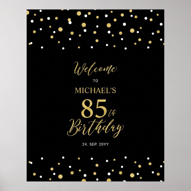 Poster Gold & Black Confetti 85e anniversaire fête Bienve (Devant)