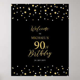 Poster Gold & Black Confetti 90e fête d'anniversaire Bien