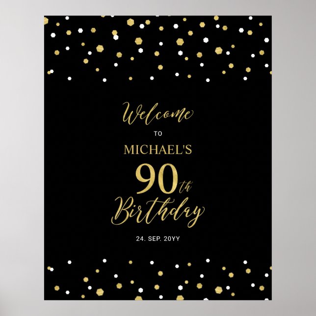 Poster Gold & Black Confetti 90e fête d'anniversaire Bien (Devant)